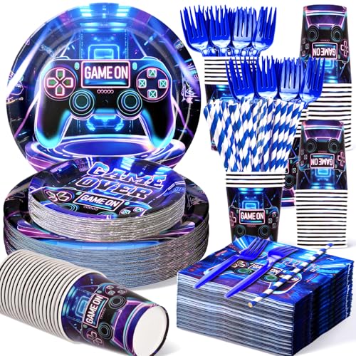 300 Pcs Video Game Plates and Napkins Tableware Sets(Serve 50), Birthday Party Decorations, Include Plates, Cups, Straws, Forks, Napkins, Game on Birthday Decorations for Boys