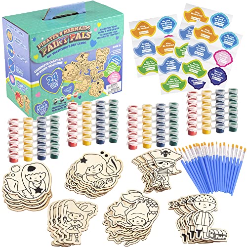 Mermaid & Pirate Wood Painting Kits (24 ct)- Perfect Goodie Bag Party Favors for Kids Birthday Party -Each has a Wood Craft, Paints, Brush & Sticker for Boys & Girls -Kids Multi-Item Party Favor Packs