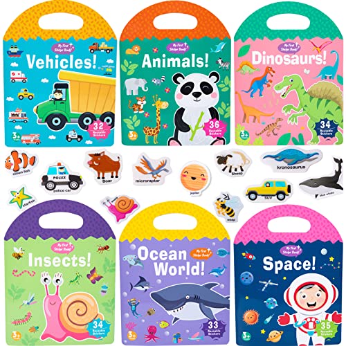 6 Pack Portable Jelly Sticker Quiet Book for Kids, Reusable Sticker Book for Toddlers, Preschool Learning Activities Learning & Education Toys, Animal Insect Dinosaur Ocean Space Traffic Travel Toys