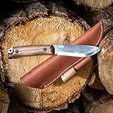 BPS Knives HK1 CSHF - Handmade Carbon Steel Knife with Firestarter - Fixed-Blade Full Tang Hunting Knife - Camping Bushcraft Knife With Leather Sheath - Scandinavian Camp Knife