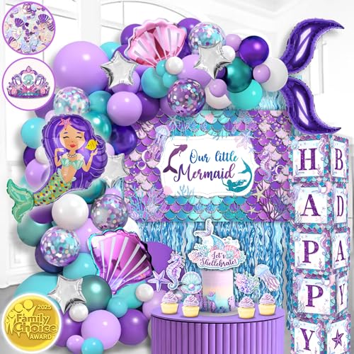 248 Pieces Little Mermaid Birthday Decorations Kit, All-in-1 Girl's Party Decor Package With Mermaid Tail Balloon Garland, Foil Curtains, Fabric Backdrop, Princess Crown - Purple, Teal