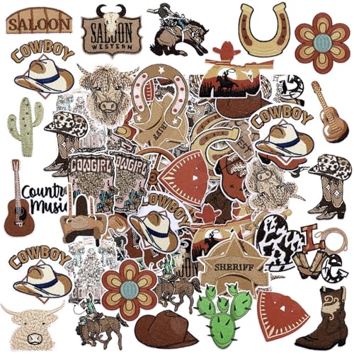 Vitalcozy 60 Pcs Western Iron on Patches Bulk for Hats Trucker Hat Patches Cowboy Vintage Embroidered Country Decorative Applique Sew for Clothes Jackets Backpacks DIY Clothing Jeans Accessories