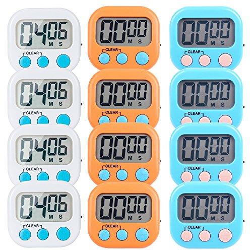 12 Pack Small Digital Kitchen Timer Magnetic Back and ON/Off Switch,Minute Second Count Up Countdown（White,Blue,Orange