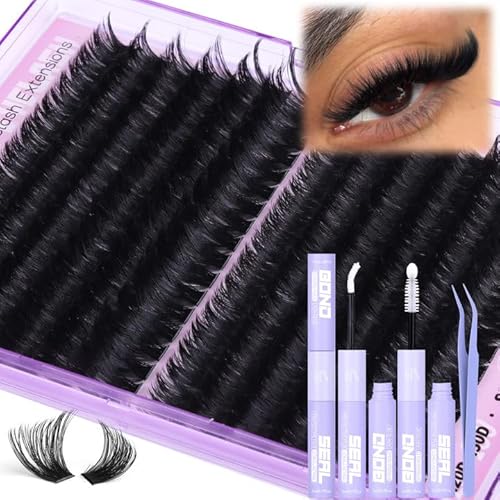 Lash Clusters Kit 14-20MM Long Eyelash Extension Kit 192Pcs Thick Volume DIY Lash Extensions Kit Soft Cluster Lashes D-Curly Individual Lashes Kit 120D+150D Mink Cluster Eyelash Extensions Kit