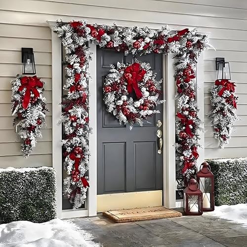 Christmas Decorations Set of 6，BEHONA 18'' Christmas Wreath & 2Pcs 18'' Xmas Upside Down Tree & 1 Pcs 47'' & 2 Pcs 59'' Christmas Garlands for Front Door Wreath Indoor Xmas Home Decor Garlands