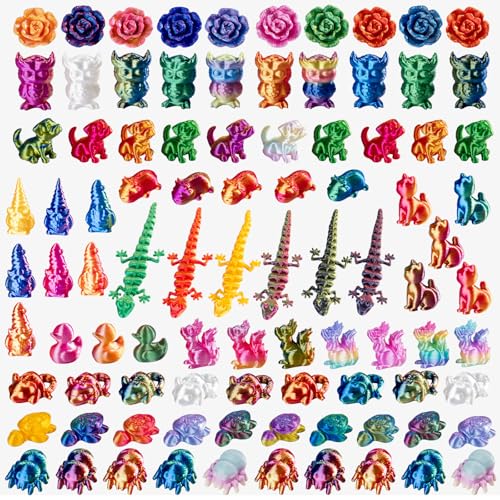 140 Pcs 3D Printed Mini Animals Set - Flowers, Owls, Puppies, Cats, Turtles, Spiders, Ducks, Spiders, Rats，2cm Figurines Gradient Colors, Safe Eco-friendly Material for Car，Home and Office Deco