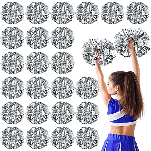 Yunsailing 24 Pack Cheerleading Pom Poms with Baton Handle 14.5 Inch Metallic Cheering Squad Pompoms for Team Sports Football Dance Cheering Adults(Silver)