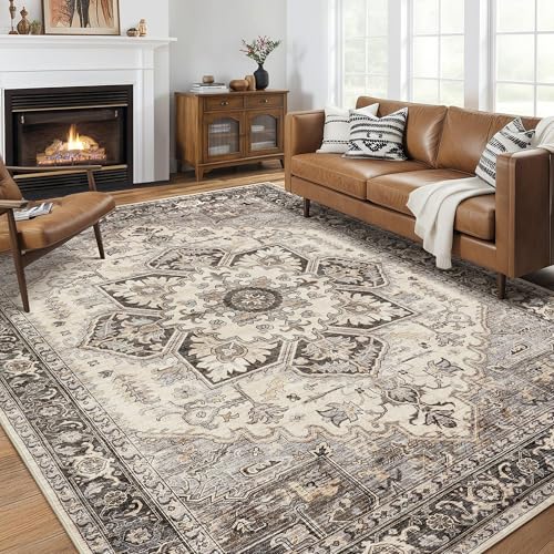 homewill Area Rug for Living Room - 8x10 Soft Machine Washable Oriental Vintage Floral Distressed Large Indoor Floor Carpet for Bedroom Under Dining Table Home Office Decor - Grey Brown