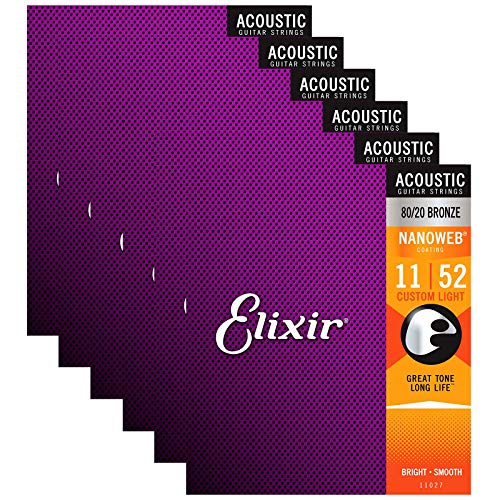 Elixir 80/20 Bronze Nanoweb 11027 Custom Light 11-52 Acoustic Guitar Strings 6-Pack w/Bonus Elixir Polishing Cloth