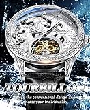 FORSINING Men's Silver Luxury Tourbillon Watch Horse Carved Moon Phase Self-Winding Mechanical Automatic Watches Retro Tattoo Skeleton Large Dial Leather Belt Wristwatch