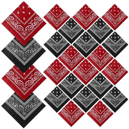 Suhine 24 Pcs Bandanas Bulk 22 x 22 Inch Paisley Bandanas Multi Purpose Outdoor Scarf Headband Handkerchief for Men Women(Black, Red)