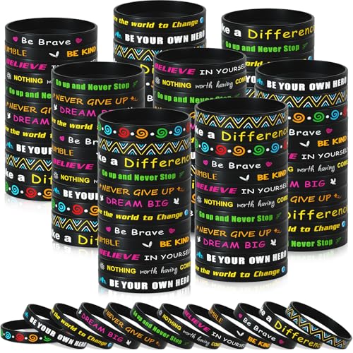 CHRORINE 120 Pcs Motivational Quote Silicone Bracelets Colored Inspirational Rubber Wristbands Unisex for Home Office Party Favor Gifts Supplies 12 Designs - Black