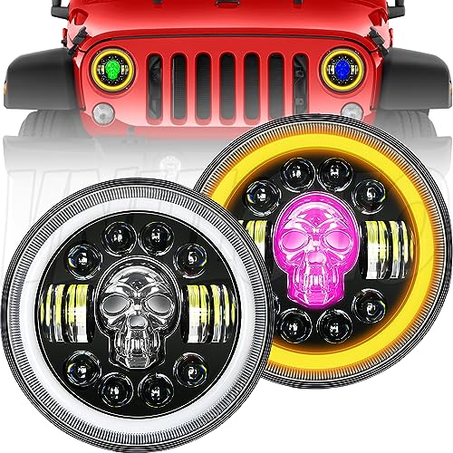 VNHLOVO 7-inch Skull RGB LED Headlights,Ring DRL & Amber Turn Signal Lights High/Low Beam Round H6024 Halo Headlights,Compatible with JEEP Wrangler JK JKU TJ LJ MAZDA FORD GMC Motorcycle