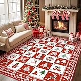 BEIMO Christmas Area Rug 8x10 for Living Room Bedroom, Machine Washable Rug, Indoor Christmas Home Decor, Holiday Print Red Carpet, Low Pile Non Slip Rug with Rubber Backing, Christmas Pattern Print