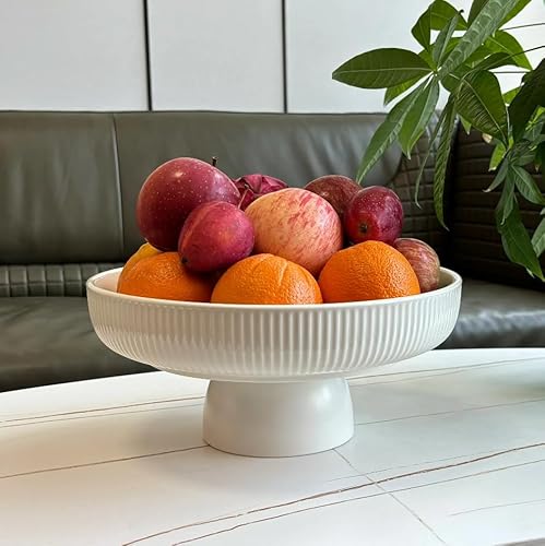 JolieJulie Ceramic Fruit Bowl,11" Decorative Bowl, Large Fruit Bowl for Kitchen Counter, Pedestal Bowl, Kitchen Counter Décor, Bread Candy Snacks Organizer, White (Extra Large (11'' Wide))