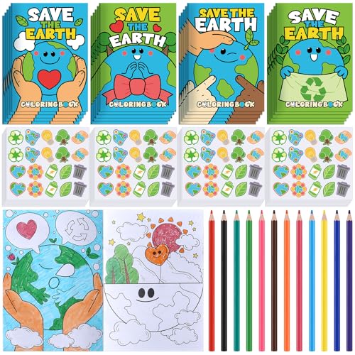 Sayglossy 72 Pcs Save The Earth Coloring Books for Kids Earth Day Stickers and Colored Pencils Educational Earth Day Activity and Coloring Pages Bulk