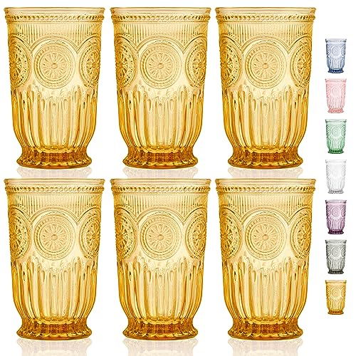 Yungala Amber glassware set of 6 highball amber drinking glasses dishwasher safe colorful vintage glassware for water or cocktails in colorful drinkware perfect for a fall table setting