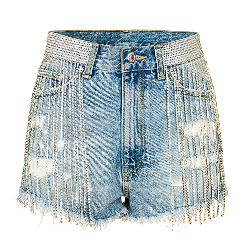 COMLIFE Summer Denim Shorts for Women Wide Leg Mid Waisted Rhinestone Fringe Jean Shorts