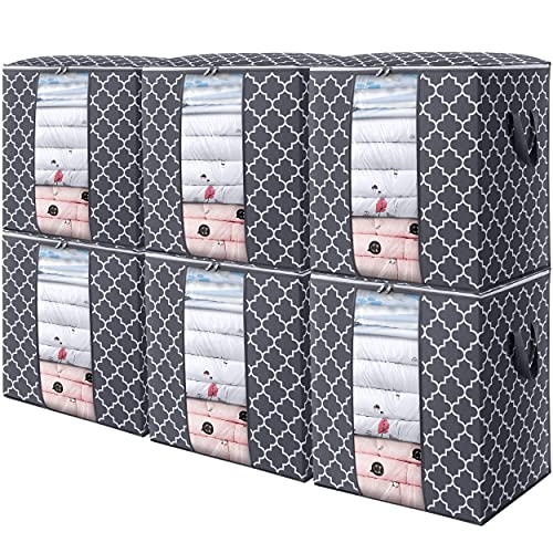 WISELIFE Storage Bags [6 Pack/100L] Large Blanket Clothes Organization and Storage Containers for Comforters,Bedding, Foldable Organizer with Reinforced Handle, Clear Window, Sturdy Zippers,Gray