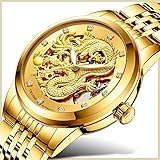 Carlien Special 3D Gold Dragon Phoenix Design Luxury Lover Couple Watches Luminous Automatic Watch for Her or His Set of 2 (Blue)