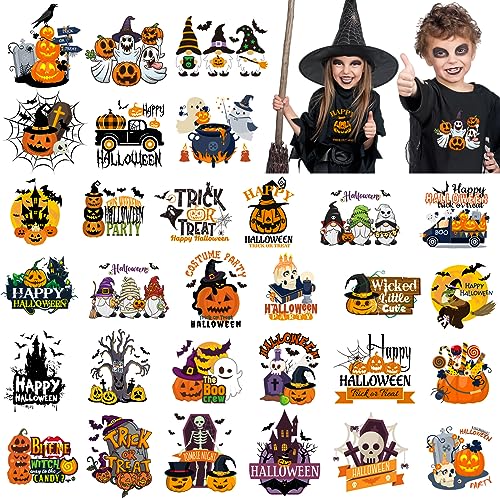 Tenceur 30 Pcs Halloween Iron on Transfers for T Shirts Bat Witch Ghost Pumpkin Halloween Heat Transfer Vinyl Iron on Decals Colorful Stickers for DIY Clothes Bags Hat Decoration Craft
