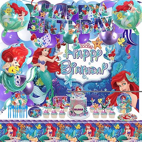 Little Mermaid Birthday Party Supplies Include Banner Balloons arch Plates for Little Mermaid Birthday Party Decorations