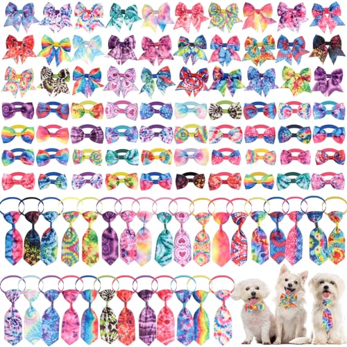 Reginary 100 Pieces Dog Bow Tie Collar Set Include 40 Dog Neckties, and 30 Puppy Bowties, 30 Collar Flowers, Adjustable Pet Ties Grooming for Small Medium Cats Pets Supply(Tie-dye)