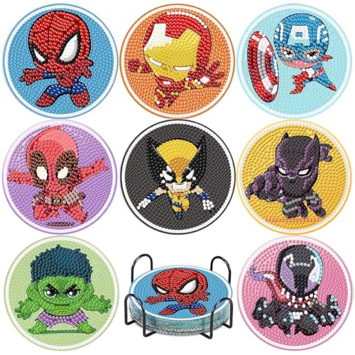 SupaDiya 8 Pcs Diamond Art Painting Coasters Kit with Holder, DIY Super Hero Diamond Art Coaster Cork Mat Kits Set of 8, Anime Cartoon Full Drill Gem Art Crafts for Adults Gift Home Decor