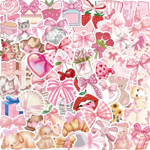 100PCS Coquette Stickers Pink Aesthetic Stickers Pack Cute Bow Tie Stickers for Girls Pink Sticker for Laptop Vinyl Waterproof Sticker Aesthetic Decals