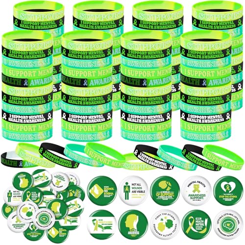 Remuuly 200 Pcs Mental Health Awareness Set Includes 100 I Support Mental Health Silicone Bracelets Wristbands and 100 Green Ribbon Metal Button Pins for Women Men Mental Health Gifts