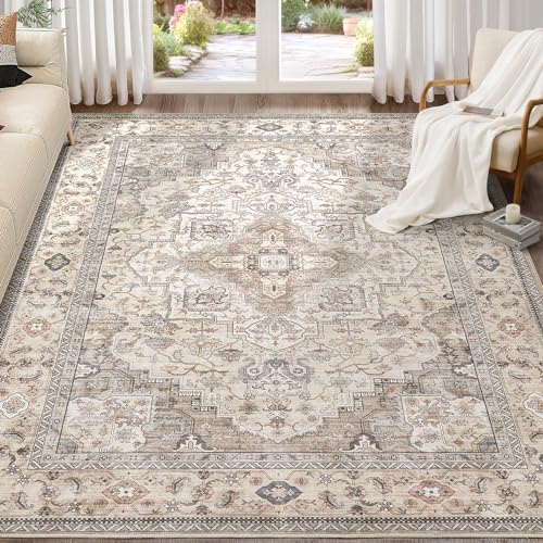 EIEIHOUSE Washable Area Rugs for Living Room - 9x12 Neutral Vintage Distressed Floral Farmhouse Boho Large Soft Floor Rug Indoor Non Slip Carpet for Bedroom Dining Room Office - Brown/Multi