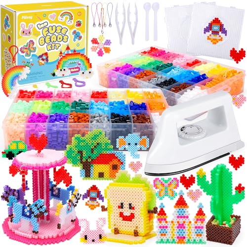 Pllieay 5mm Fuse Bead Kit with Upgraded Iron, 48 Colors Melty Beads for Craft, Iron Beads Set Including 2 Pegboards, Ironing Paper and Chain Accessories for Arts Crafts Easter Christmas Birthday