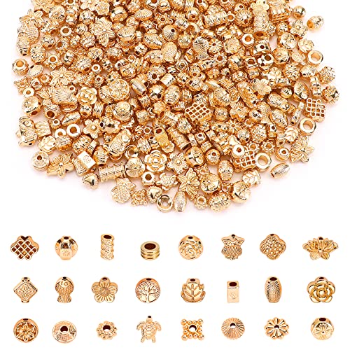 UPINS 300Pcs Gold Spacer Beads for Jewelry Making - Bracelet, Necklace Crafts - Metal Alloy Loose Beads with Random Styles for DIY