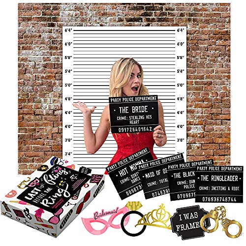 Deluxe Bachelorette Party Gift Box! Cloth Backdrop, 40 Unique Bachelorette Party Mugshots, Photo Booth Props Plus Game and Activity Instructions. Great for Girls Night Out, Stagette, Hen Parties!