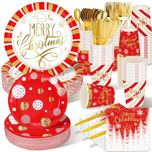Suttmin 350 Pieces Christmas Disposable Dinnerware Set, Serves 50, Merry Christmas Paper Plates Gold and Red Napkins Cups Cutlery for Christmas Holiday Dinner Party Decorations