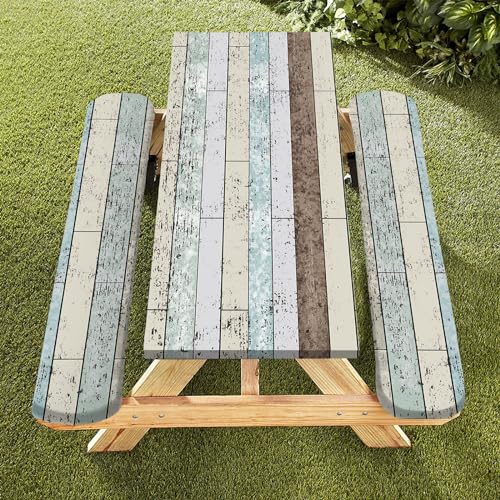 famibay 3 Piece Picnic Table Covers with Elastic Fitted Picnic Table Cover with Bench Covers Farmhouse Camping Tablecloth Waterproof Picnic Table Covers for Outdoors(Wood Grain,12" x72"+30" x72")