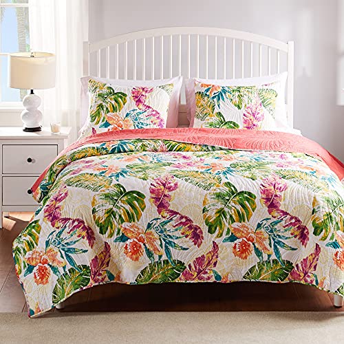 Greenland Home Tropics Palm Leaves Coastal Cotton Blend Quilt Set, 3-Piece King/Cal King, Coral
