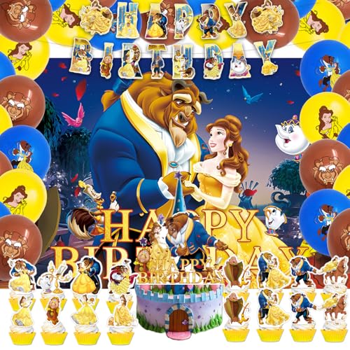 42pcs Beauty and the Beast Party Plates Supplies Pack Includes，Banner，Cake Topper，Blackdrop,Balloons for Beauty and the Beast party decoration