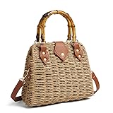 Woven Straw Handbag Beach Bag with Bamboo Handle, Brown Leather Trim, Crossbody and Adjustable Strap, Natural and Super light (brown)