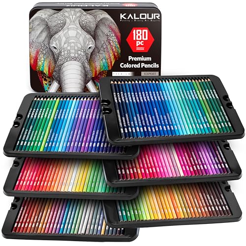 KALOUR 180 Colored Pencil Set for Adults Artists - Rich Pigment Soft Core -12 Metallic Pencil - Ideal for Coloring Drawing Sketching Shading Blending - Vibrant Color（Tin Case）