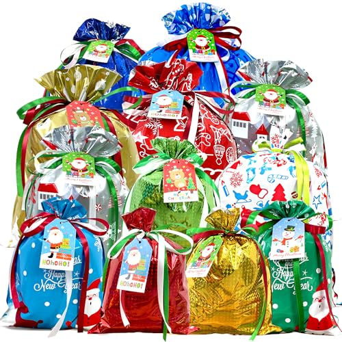 Diamerd 38PCS Christmas Gift Bags with Tags, Assorted Sizes for Xmas Party Holiday Present Small Medium Large