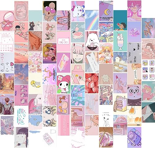 KBKBART Anime Aesthetic Wall Collage Kit, 70pcs Kawaii Room Decor, Pink Cartoon Assembled Print Card Set, Anime Photo Wall Collage Posters for Room Aesthetic, Cute Danish Pastel Wall Art 4x6 for