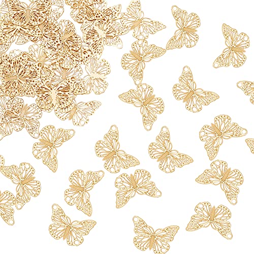 HOBBIESAY 60Pcs Butterfly Filigree Charms 18K Gold Plated Charm Etched Metal Embellishments Small Stainless Steel Pendant for DIY Bracelet Necklace Jewelry Making Hole: 1.5mm