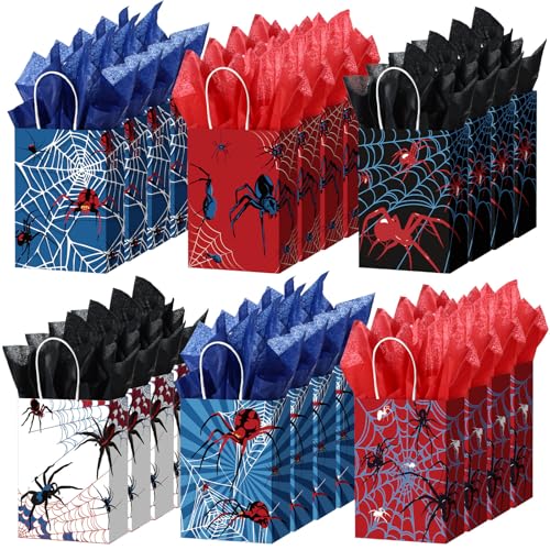 Epakh 24 Pcs Spider Gift Bags Medium Size with Tissue Paper and Handles Spider Goodie Candy Bags Birthday Party Decorations Double Sided