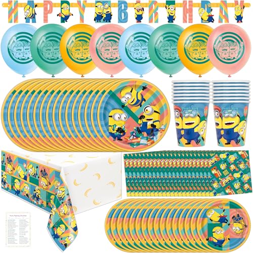 Unique Minions Birthday Party Decorations - Minion Plates, Napkins, Tablecloth, Banner, Balloons, Checklist - Despicable Me Party Decorations for 16