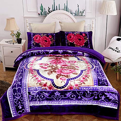 JML Sherpa Flannel Blanket, 3-Ply Fleece Blanket with 2 Pillow Shams- Soft, Warm, Korean Style Printed Embossed Bed Blanket, Purple