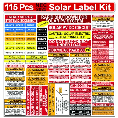 Littversions Ultimate 115 pack 2017/2020/2023 NEC Code Compliant Photovoltaic Solar System Label Kit Electrical Panel Safety Stickers Outdoor Rated Laminated Strong Adhesive Durable Waterproof