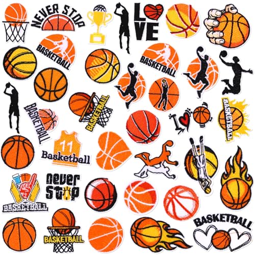 Hotop 48 Pcs Basketball Iron on Patches Patch Backpacking Sew on Patches Sports Ball Embroidered Patches for Jeans Jackets Clothes Backpack Cap DIY Crafts Sew Making
