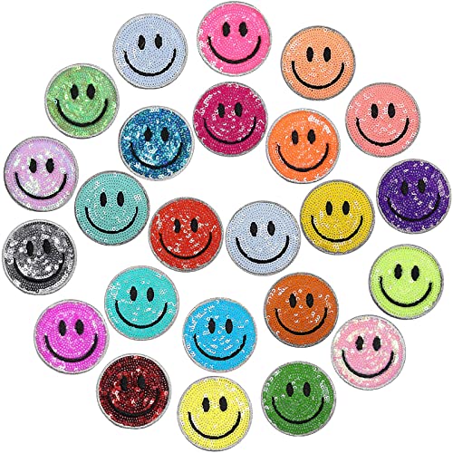 Juinte 24 Pcs Smile Face Iron on Patches Neon Chenille Face Patches 2 Inch Glitter Cute Preppy Heat Sequins Applique for Hats Backpacks Clothes Jackets Decorative DIY Craft