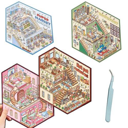 4 Sets DIY 3D Large House Stickers, Fun 3D Scene Bookstore, Supermarket, Villa, Hot Pot Restaurant Scene Make Stickers for Adult Kids Scrapbooking Crafts Party Decorations Supplies